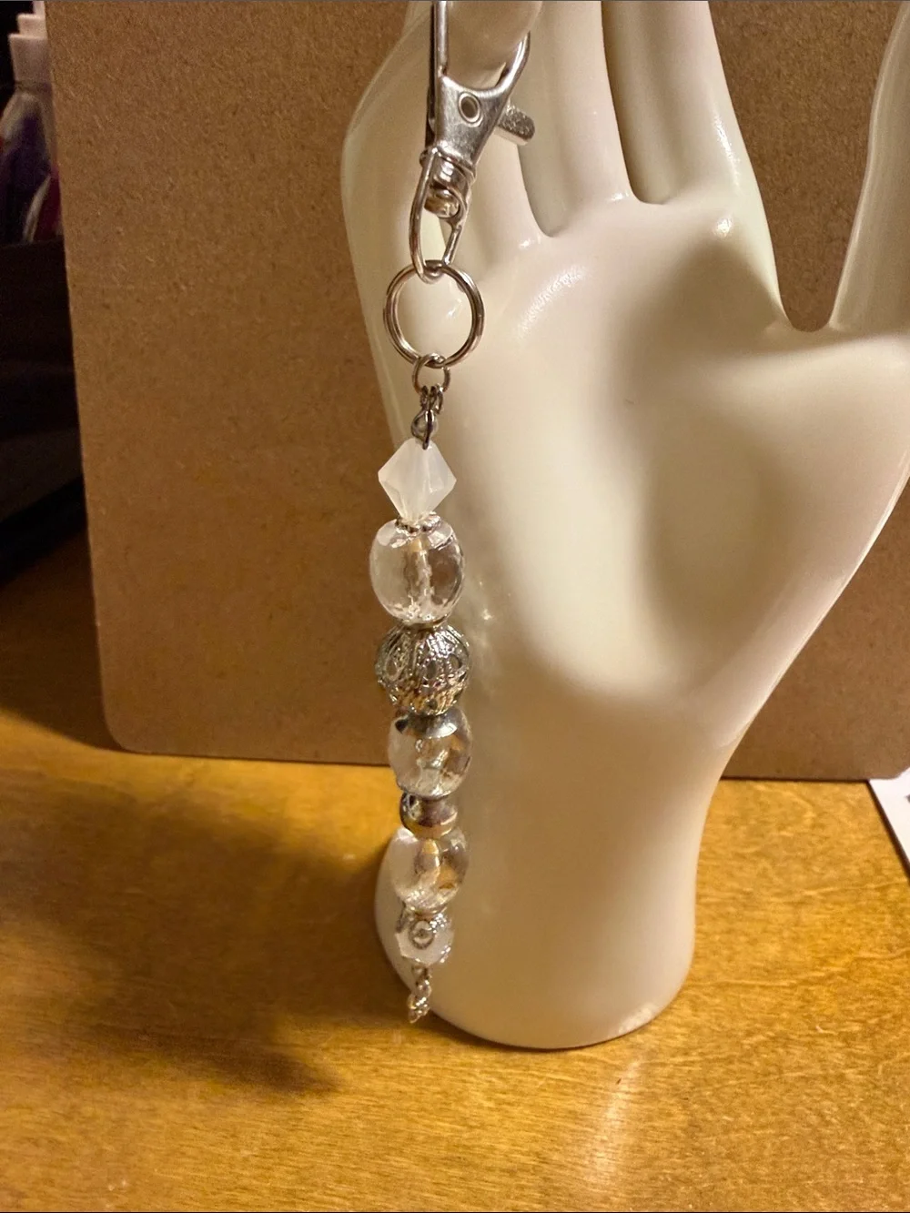 Crystal Bead Dangle Keychain Charm - Silver and Clear